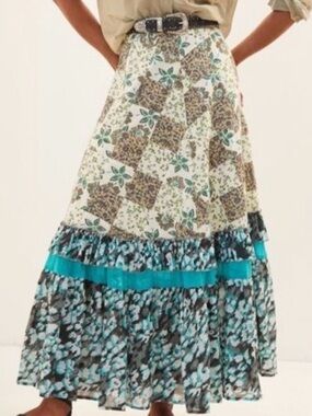 Anthropologie RAGA Floral Patchwork Maxi Skirt Blue Multi Size Small